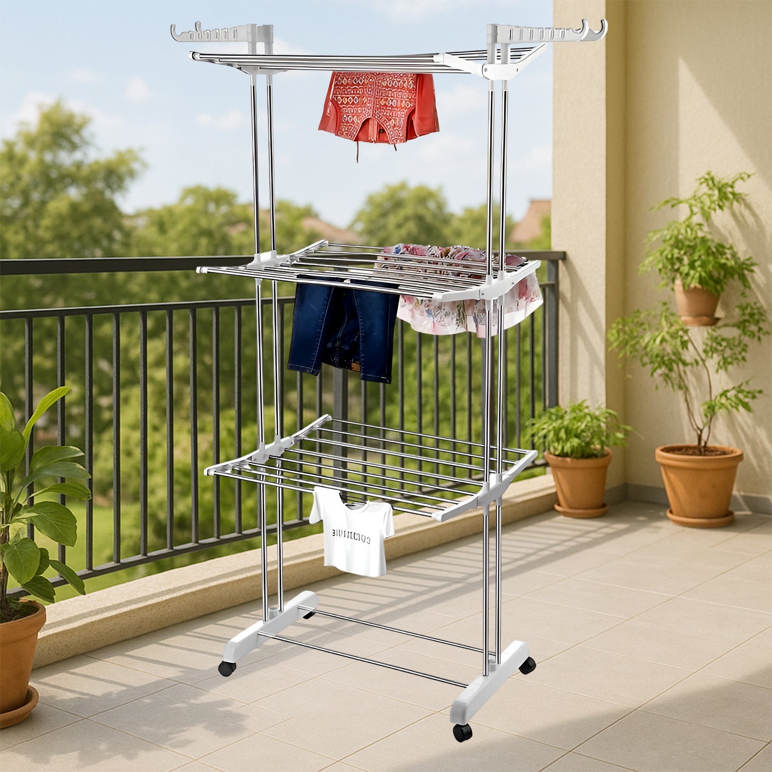 3-Tier Foldable Stainless Steel Cloth Drying Stand with Wheels 3-Tier Foldable Stainless Steel Cloth Drying Stand with Wheels